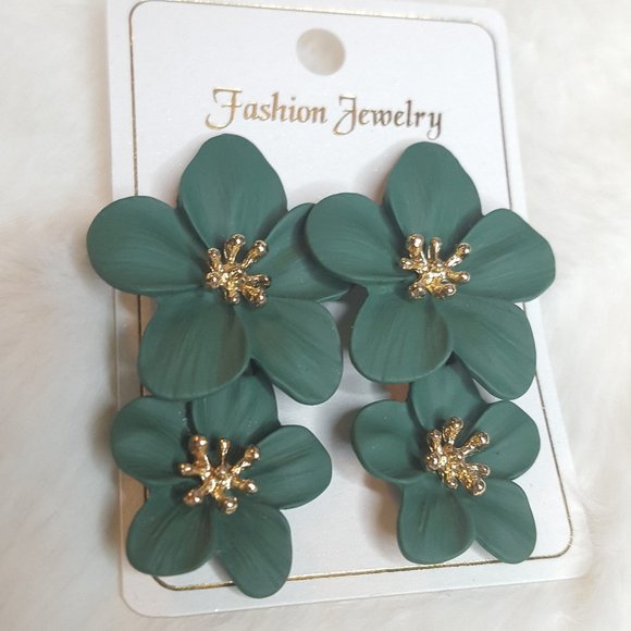 Forest Green Flower Drop Earrings - Picture 2 of 6